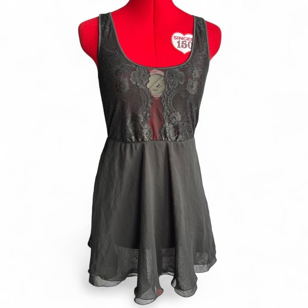 Soma Black Lace & Chiffon Mesh Slip Dress Babydoll Nightgown Small Whimsygoth